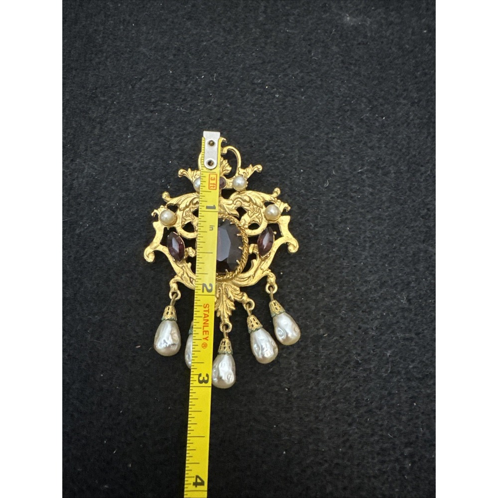 Coro Craft Rare Victorian Revival 1940's Gold Tone Brooch Faux Amethyst Baroque - Picture 5 of 9